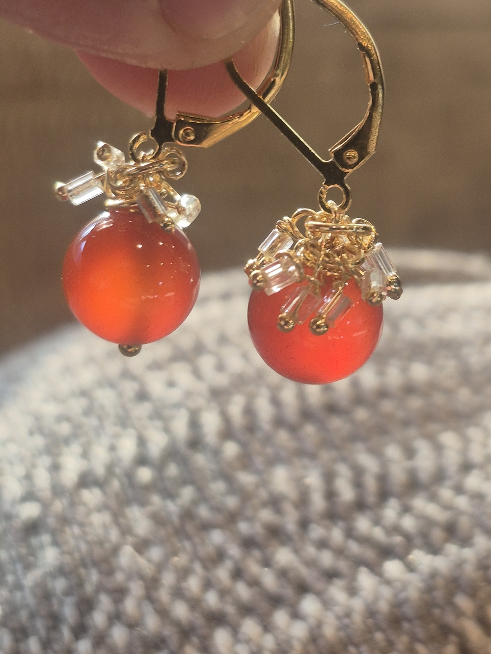 Gold Leverback Earrings with Red Carnelian Beads - Picture 2 of 5